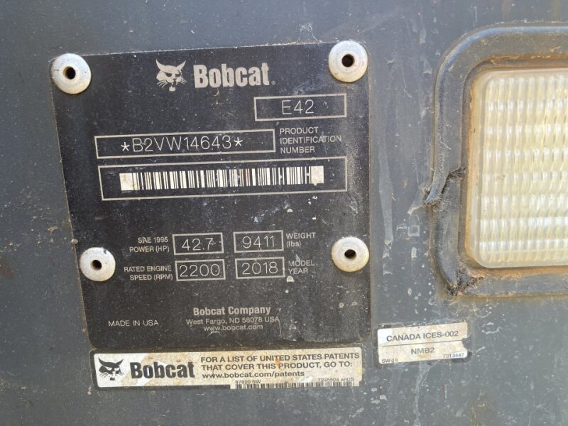 2019 Bobcat E42 T4 Excavator w/ Cab